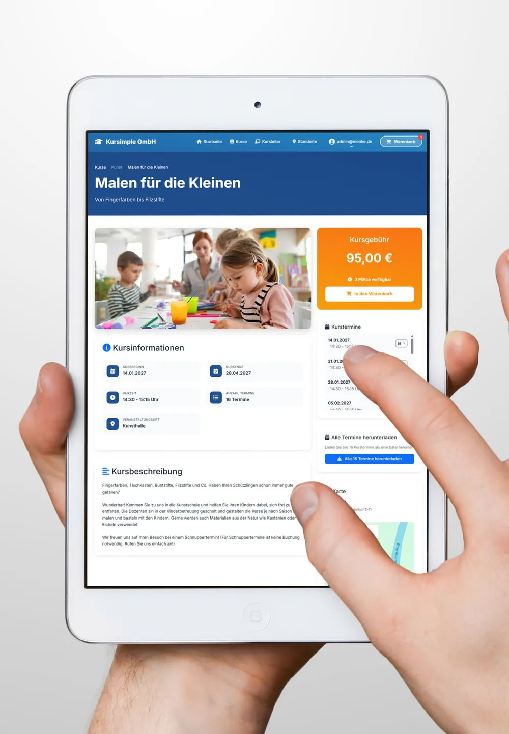 Kursdetailseite „Malen für die Kleinen“ auf einem iPad – mit Bild, Terminen und Buchen-Button